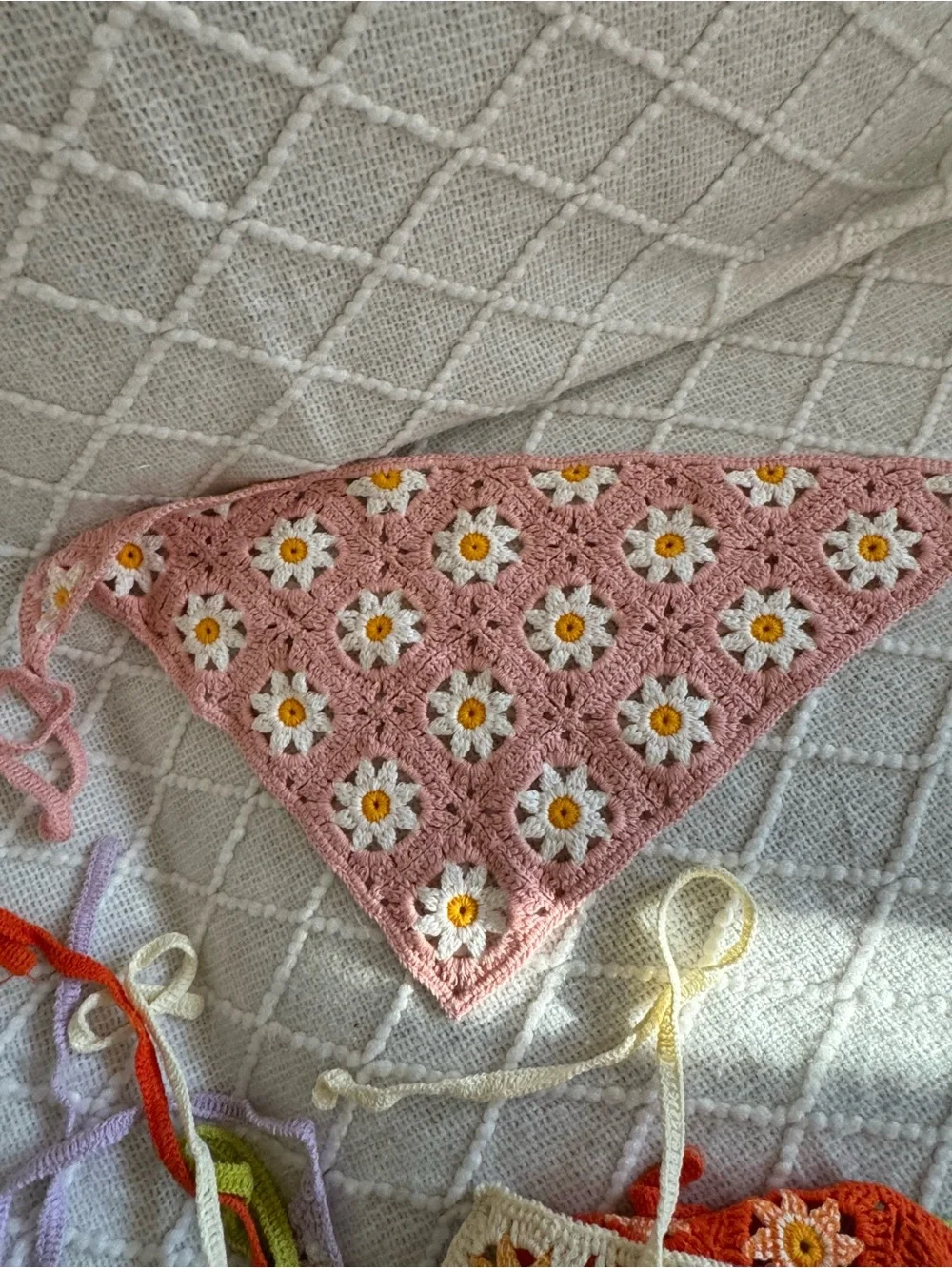 Handmade Daisy Crochet Bandana Scarf - Pink, Orange, Green, Lavender